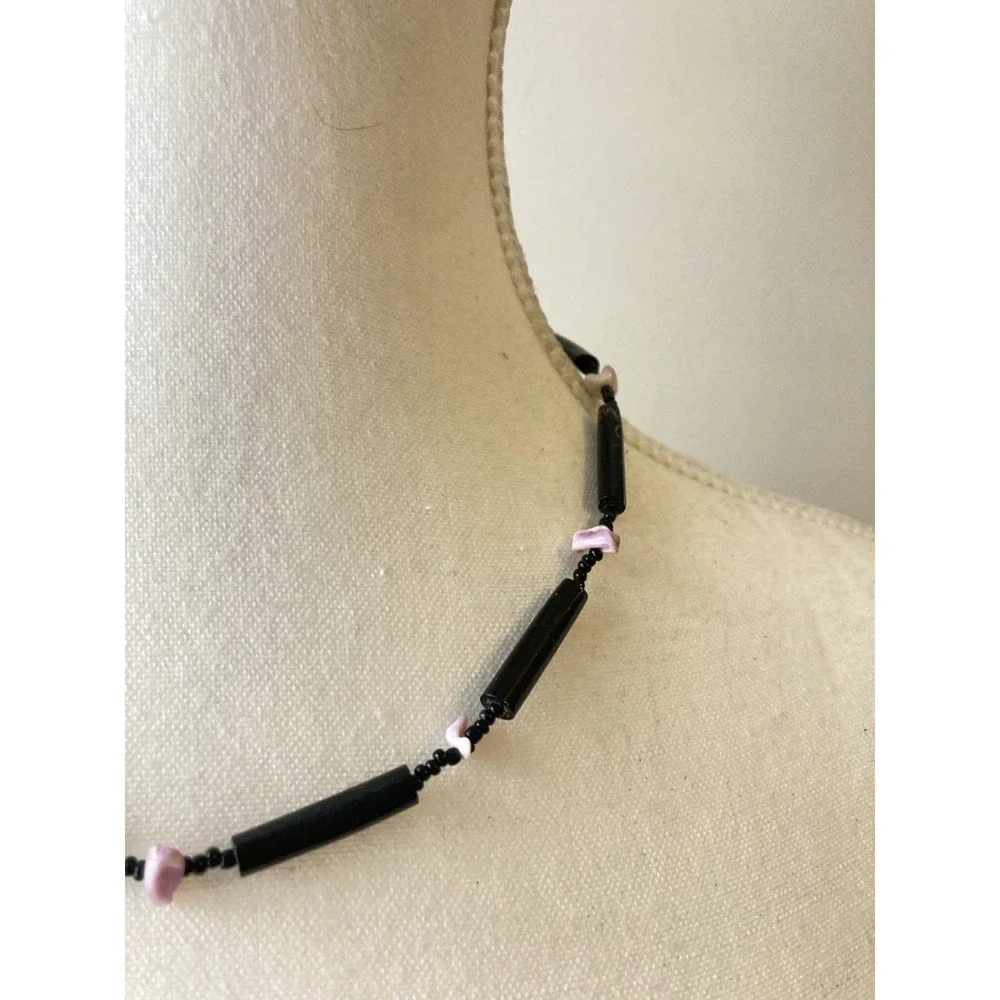 Vintage Black Beaded‎ Choker Necklace Pink Shell Chip Accent Dark Romantic